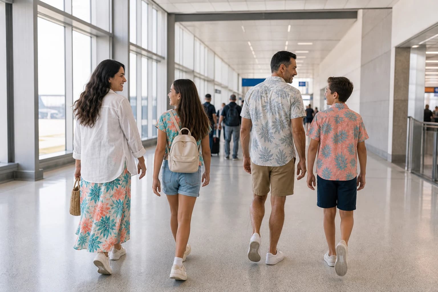 The family walking toward the airport gates carrying only personal items